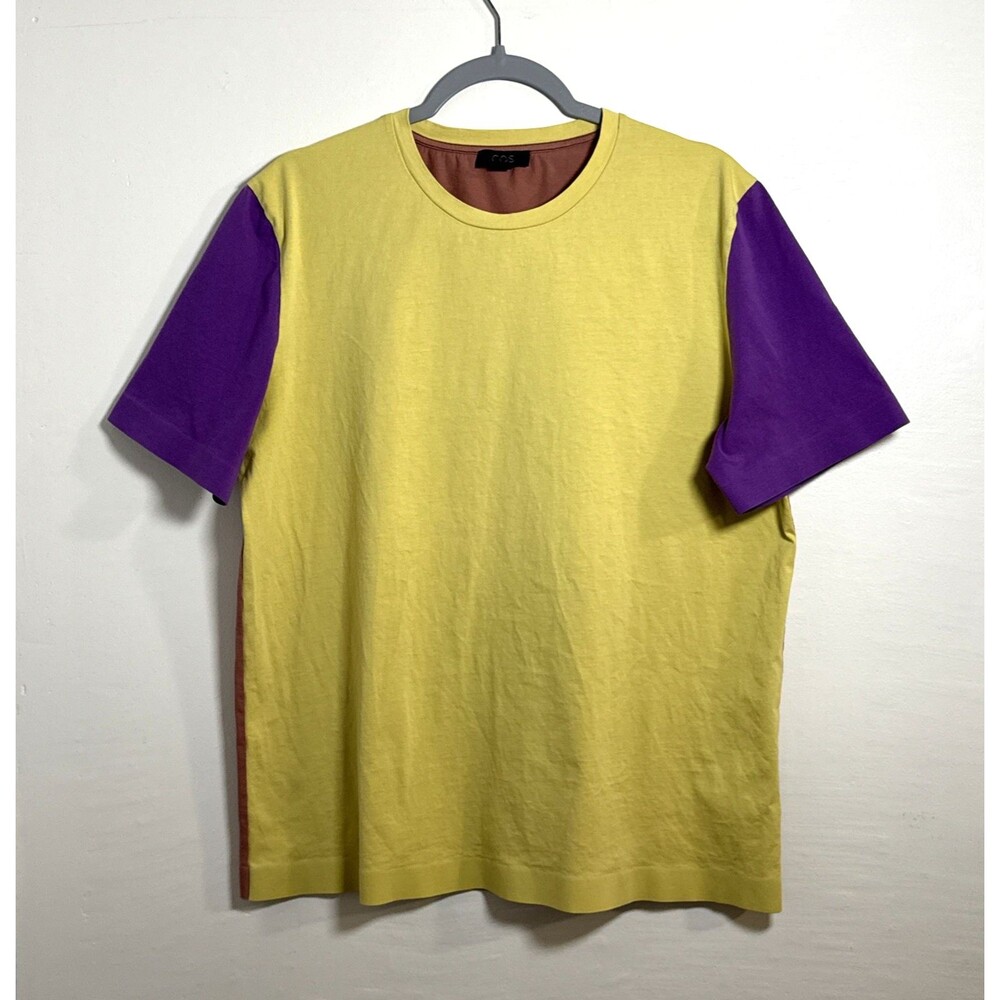 COS Men’s Color Blocks Short Sleeve T-shirt Size Large 100% Cotton Yellow Orange